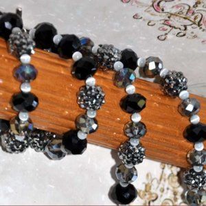 Handmade Black Rhinestone Beaded Necklace Elegant Silver Luster Beads  29 Inch